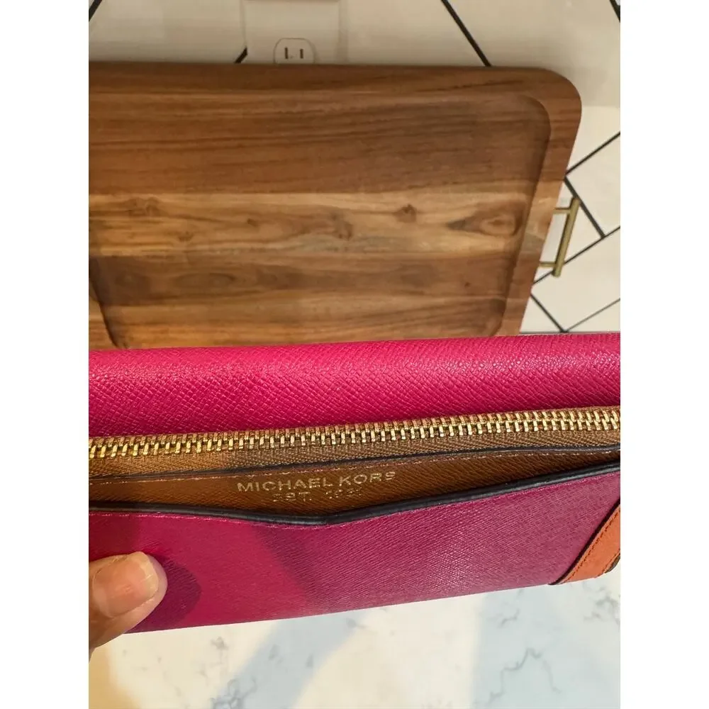 Michael Kors Saffiano Leather Envelope Carryall Wallet pink orange vibrant